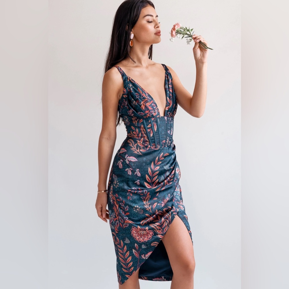 Averie Halley draped midi dress flowery print jewel tone basque waist